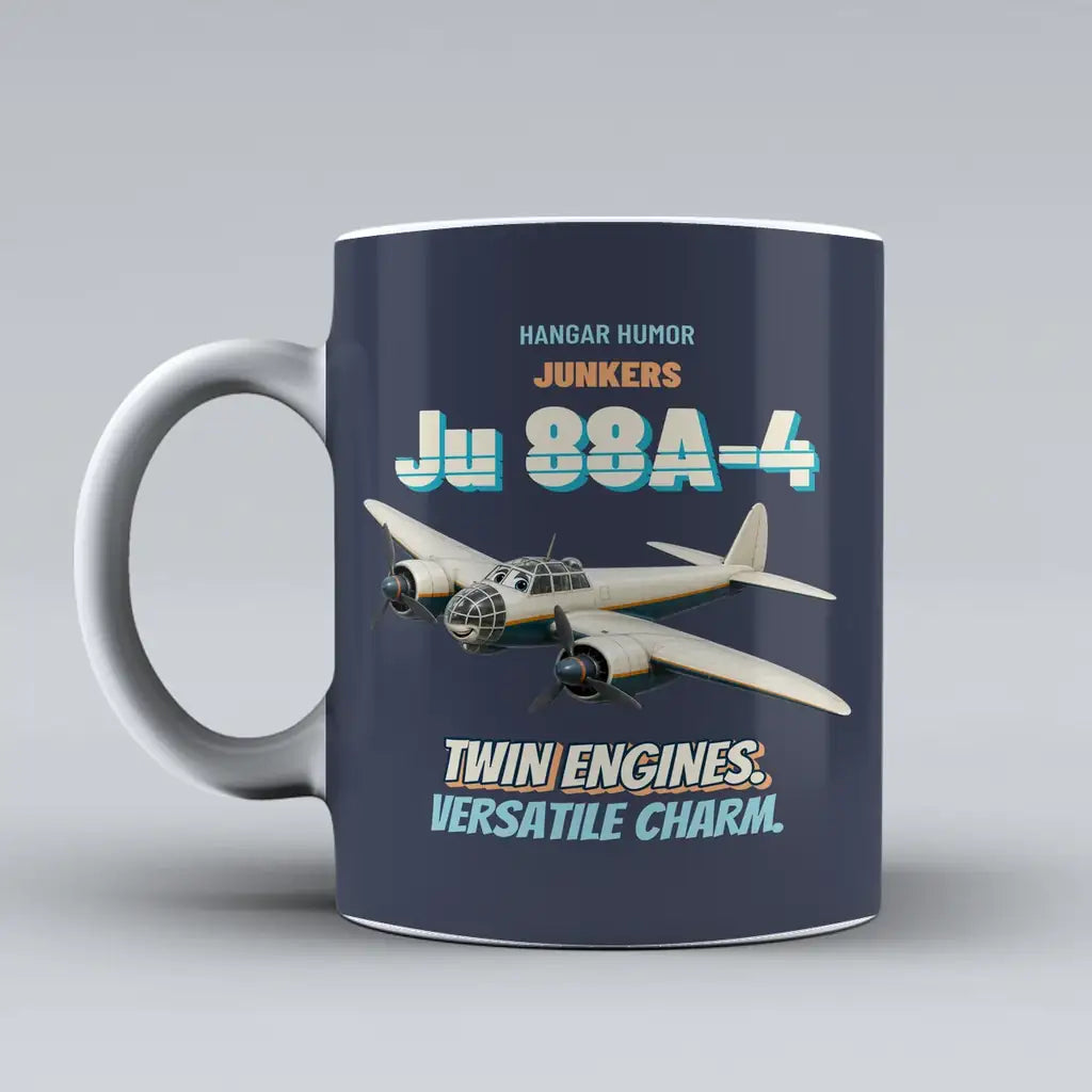 Junkers Ju 88A-4 - Twin engines. Versatile charm. design on dark blue ceramic mug