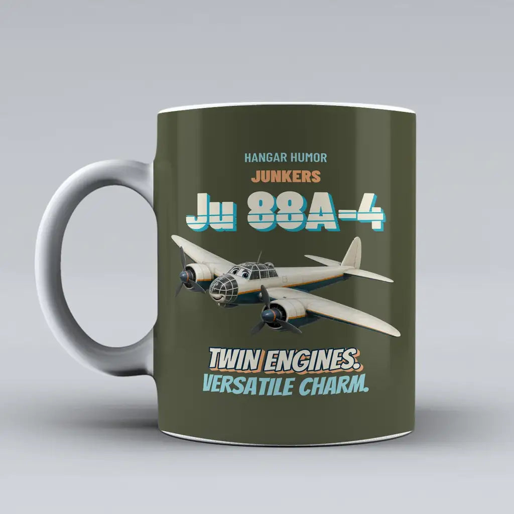 Junkers Ju 88A-4 - Twin engines. Versatile charm. design on green army ceramic mug