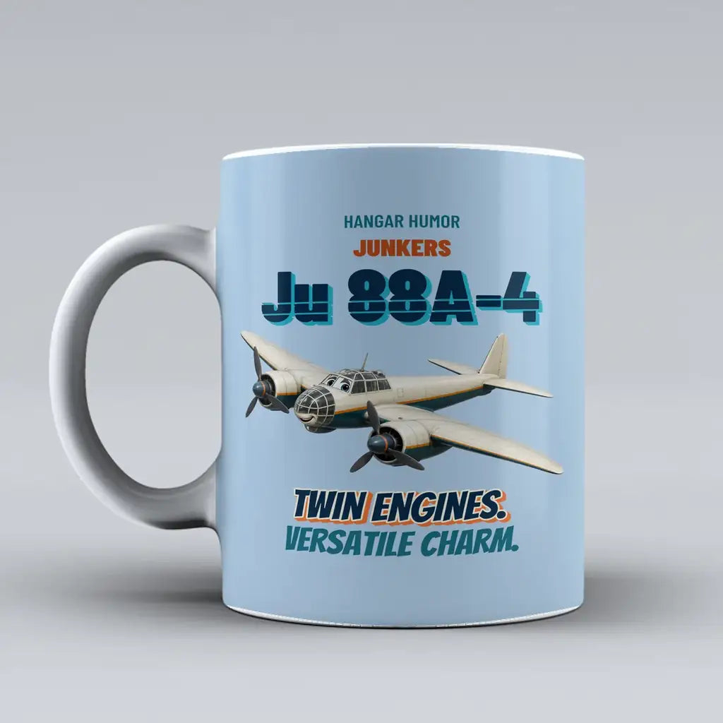 Junkers Ju 88A-4 - Twin engines. Versatile charm. design on light blue ceramic mug