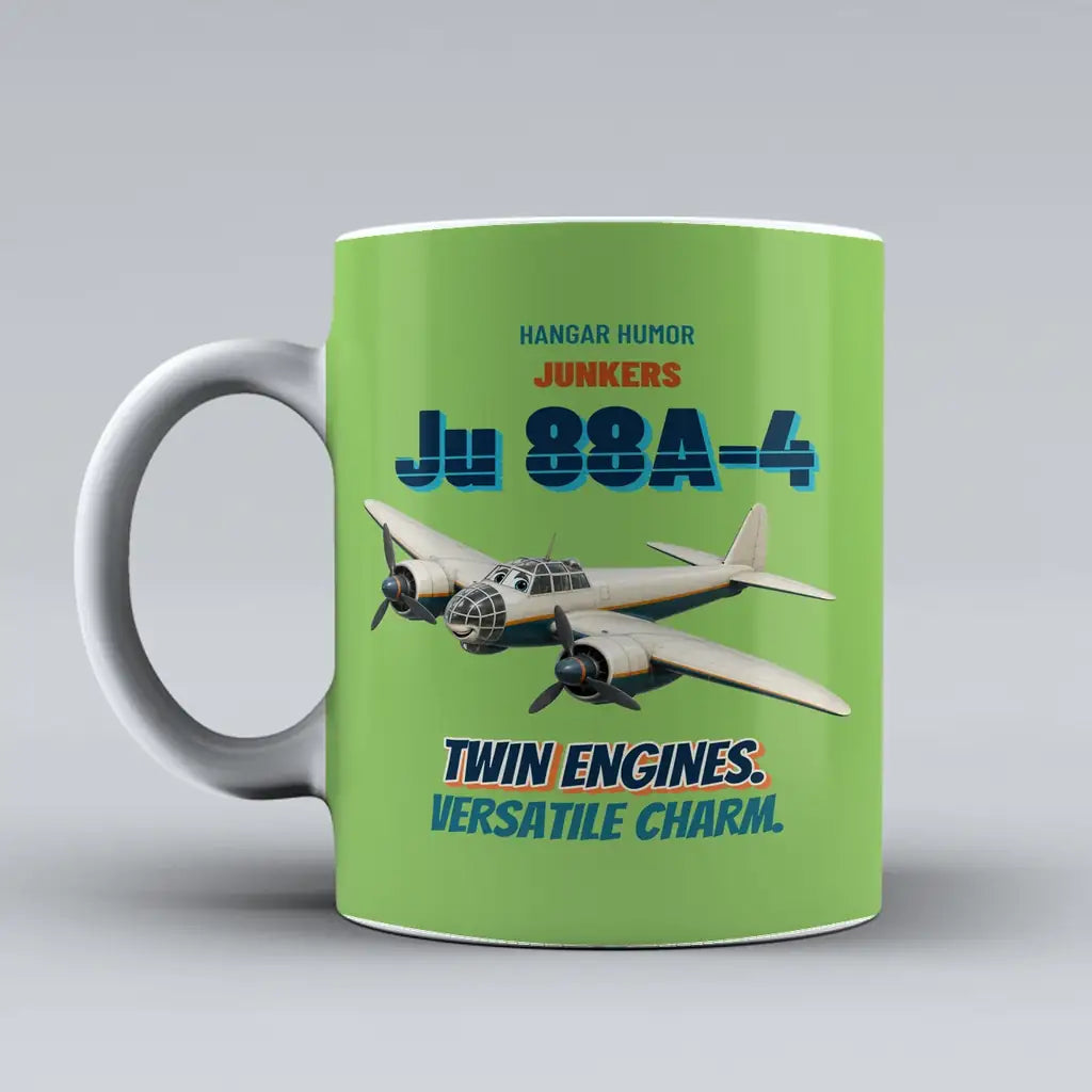 Junkers Ju 88A-4 - Twin engines. Versatile charm. design on light green ceramic mug
