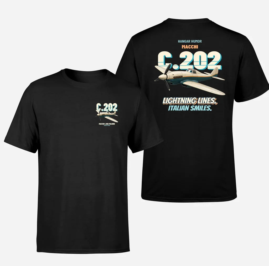 Macchi C.202 Folgore - Lightning lines. Italian smiles. - Double-Side T-Shirt design on black double side t shirt