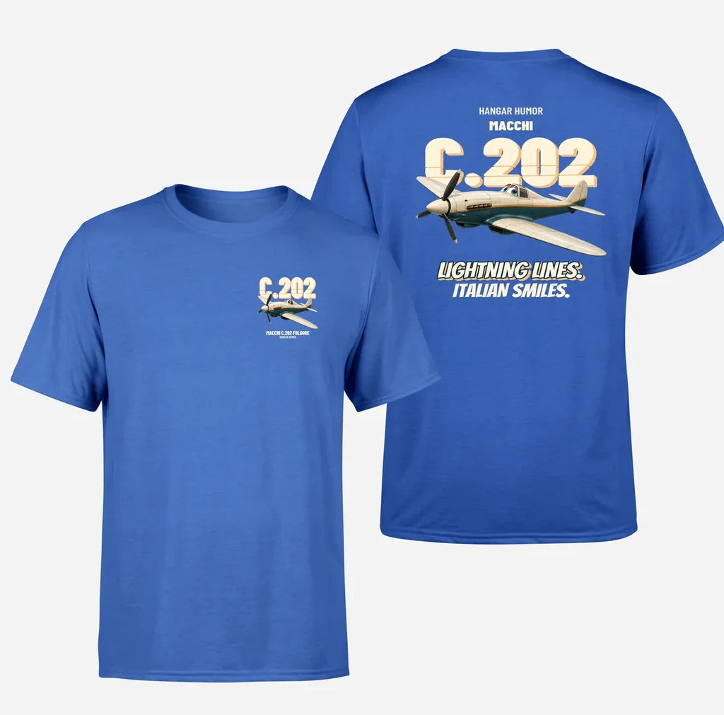 Macchi C.202 Folgore - Lightning lines. Italian smiles. - Double-Side T-Shirt design on blue double side t shirt