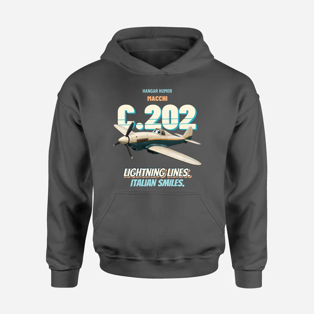 Macchi C.202 Folgore - Lightning lines. Italian smiles. design on dark gray hoodie single side