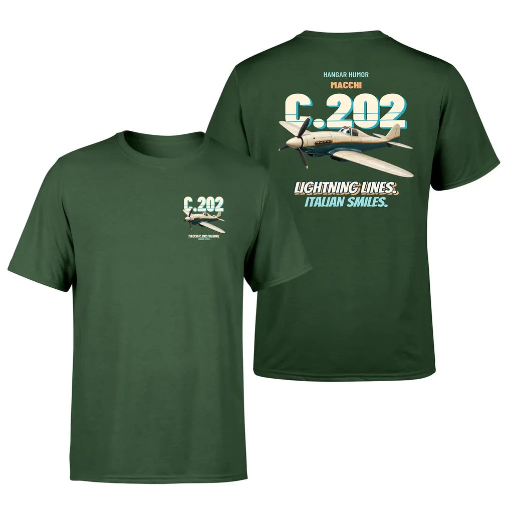 Macchi C.202 Folgore - Lightning lines. Italian smiles. - Double-Side T-Shirt design on darkgreen double side t shirt