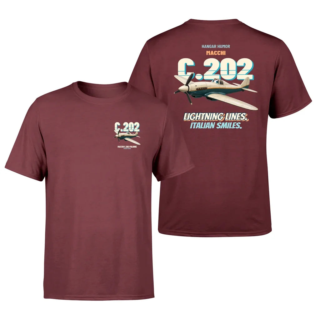 Macchi C.202 Folgore - Lightning lines. Italian smiles. - Double-Side T-Shirt design on darkred double side t shirt