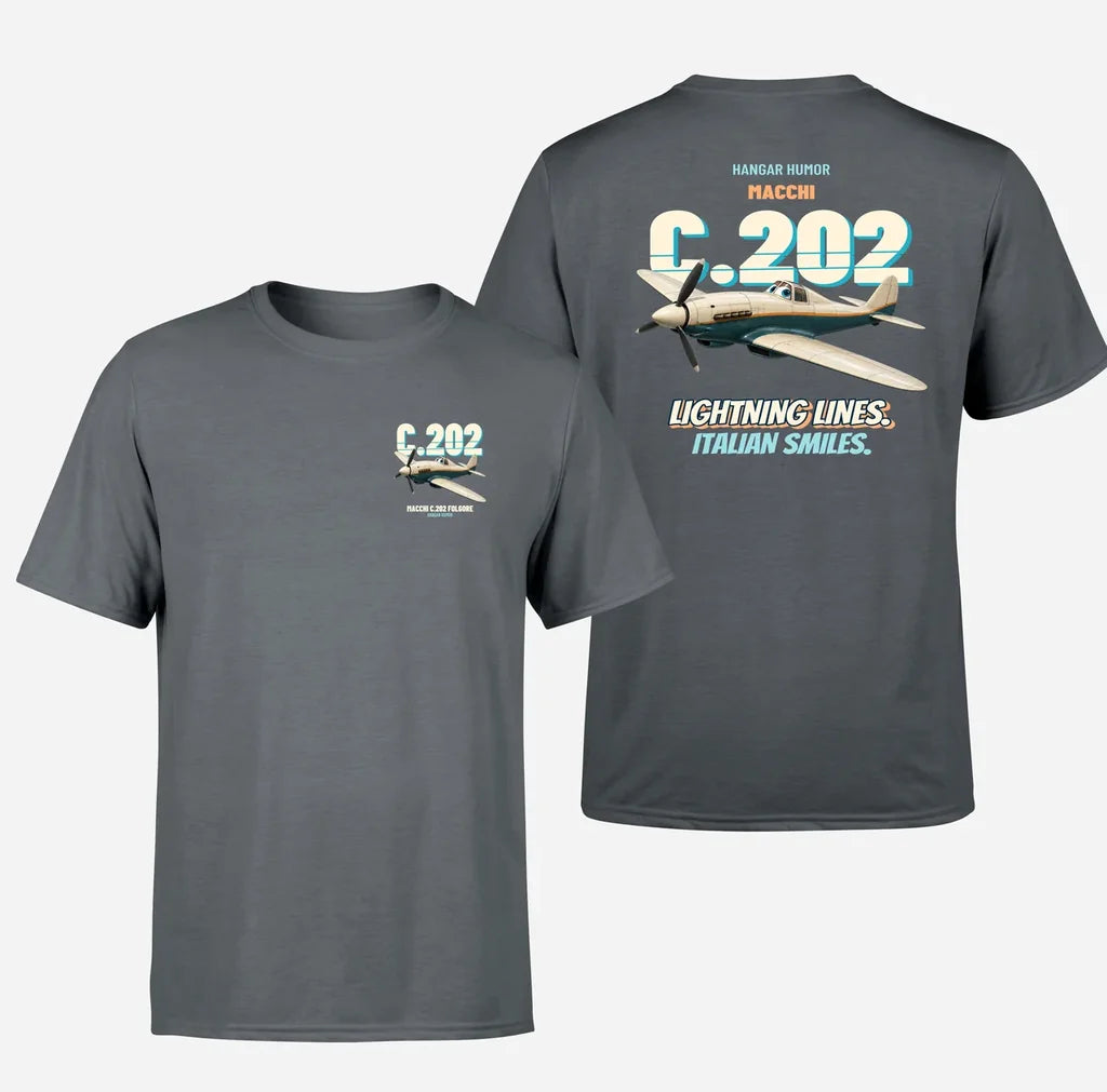 Macchi C.202 Folgore - Lightning lines. Italian smiles. - Double-Side T-Shirt design on gray double side t shirt