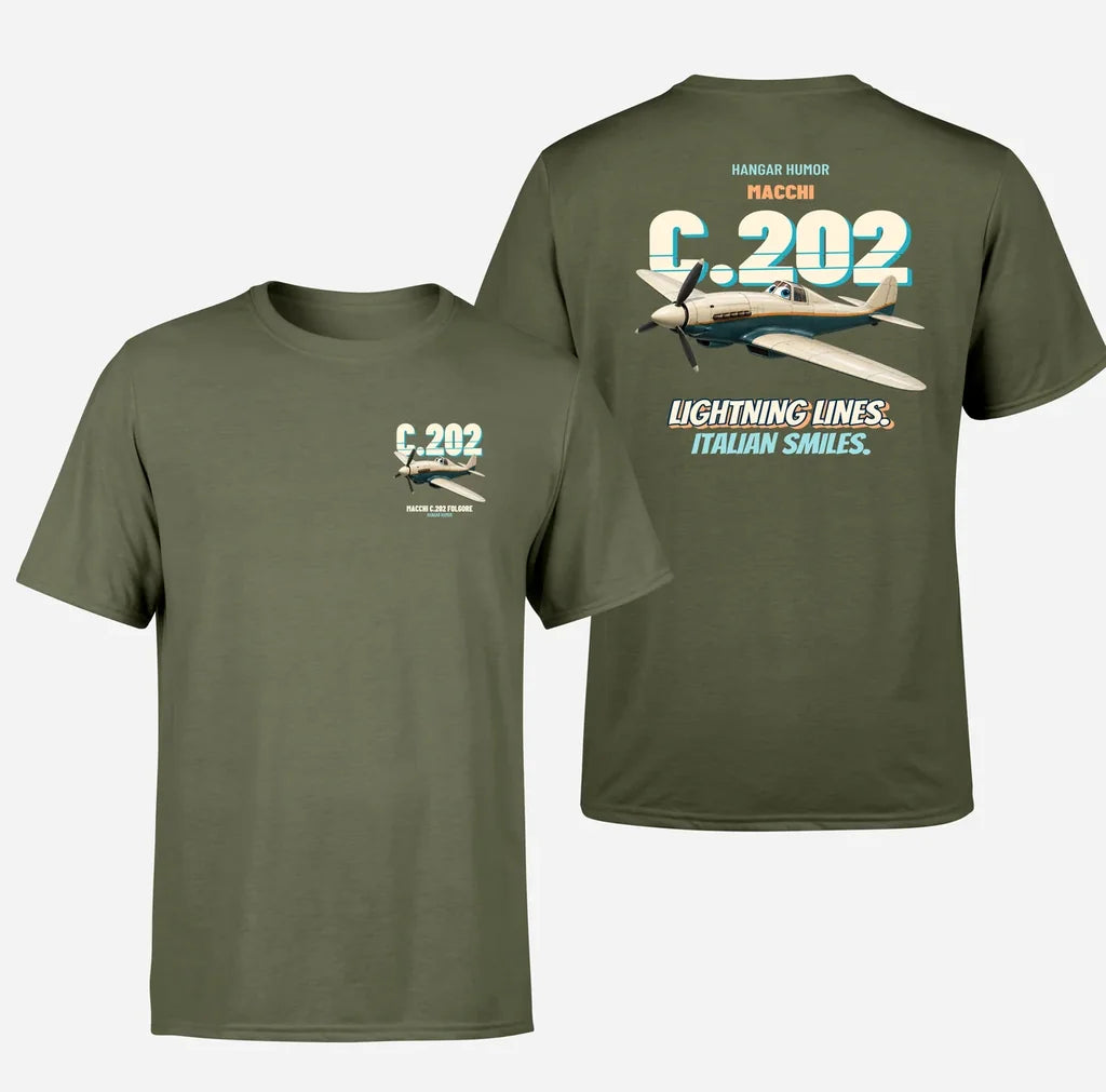 Macchi C.202 Folgore - Lightning lines. Italian smiles. - Double-Side T-Shirt design on greenarmy double side t shirt
