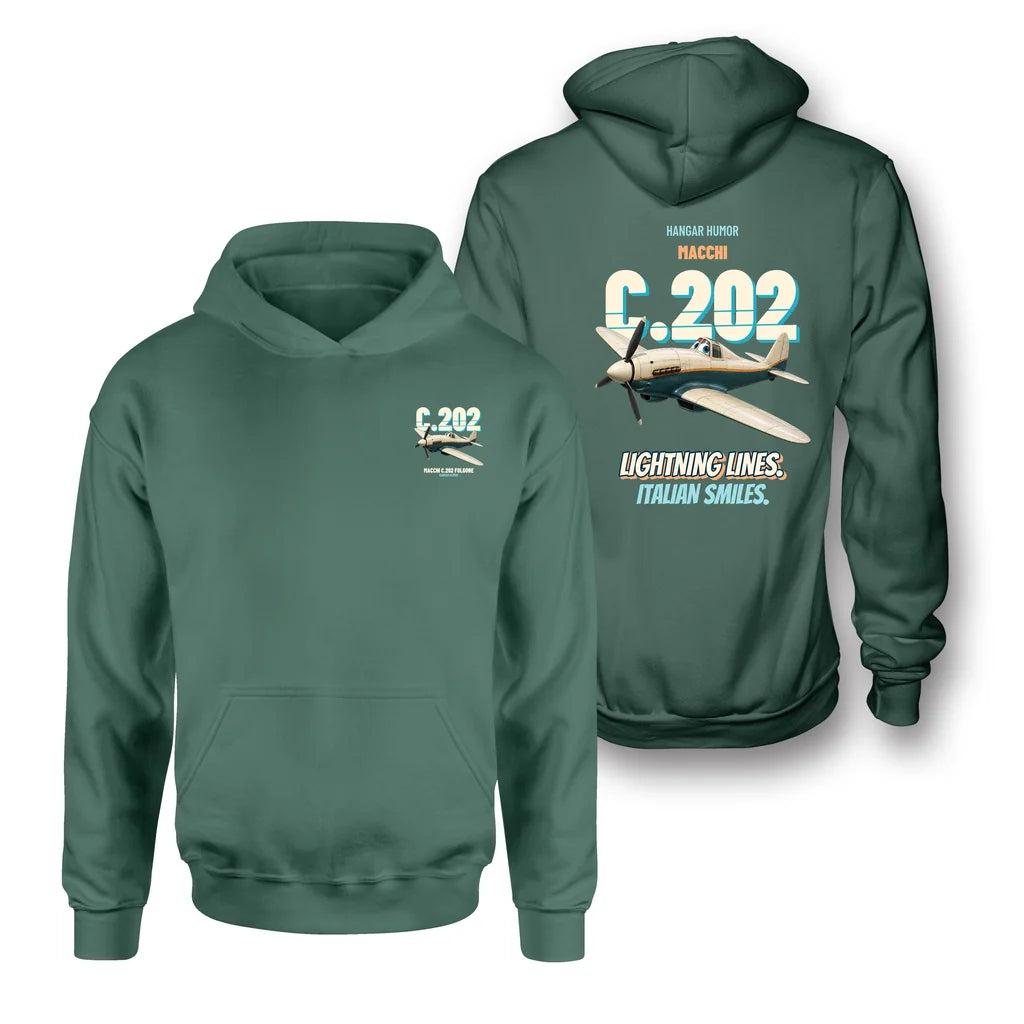 Macchi C.202 Folgore - Lightning lines. Italian smiles. - Double-Side Hoodie design on green double side hoodie