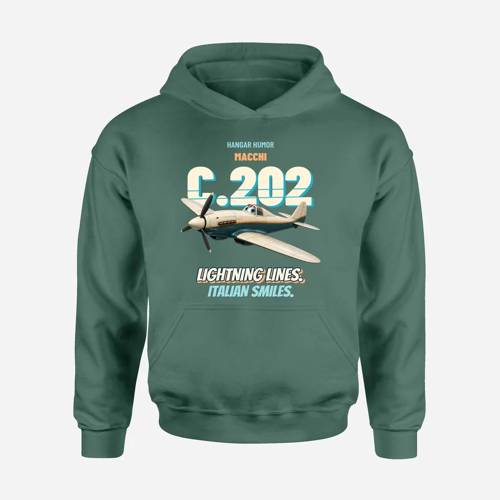 Macchi C.202 Folgore - Lightning lines. Italian smiles. design on green hoodie single side
