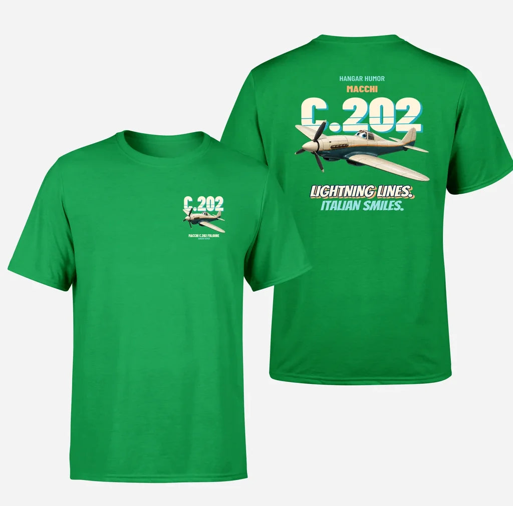 Macchi C.202 Folgore - Lightning lines. Italian smiles. - Double-Side T-Shirt design on green double side t shirt