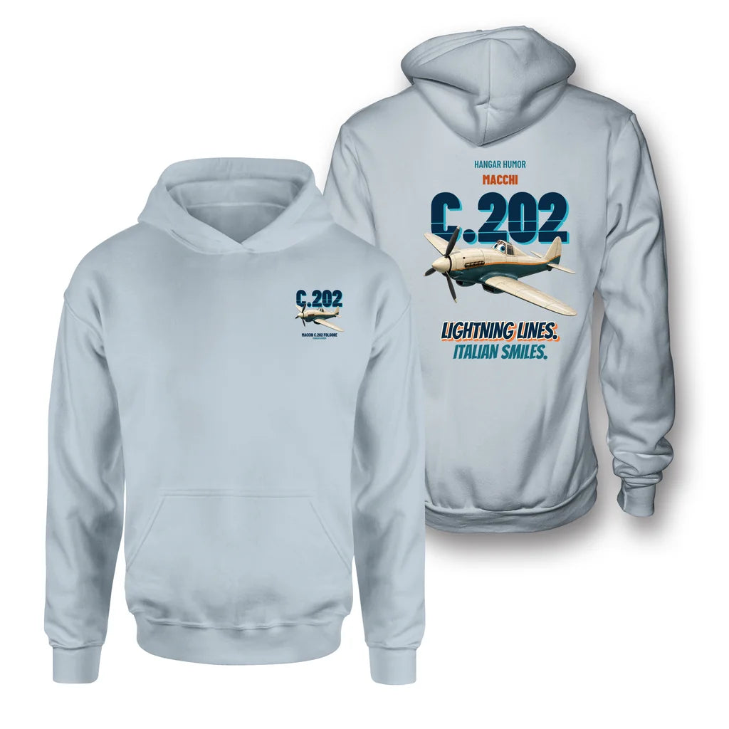 Macchi C.202 Folgore - Lightning lines. Italian smiles. - Double-Side Hoodie design on light blue double side hoodie