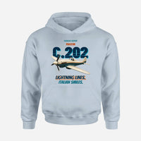 Thumbnail for Macchi C.202 Folgore - Lightning lines. Italian smiles. design on light blue hoodie single side