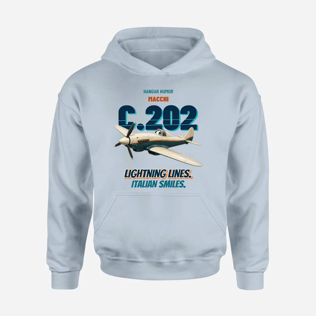 Macchi C.202 Folgore - Lightning lines. Italian smiles. design on light blue hoodie single side