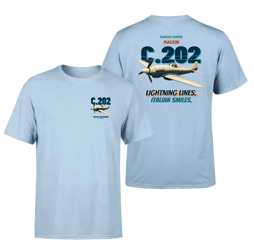 Macchi C.202 Folgore - Lightning lines. Italian smiles. - Double-Side T-Shirt design on lightblue double side t shirt