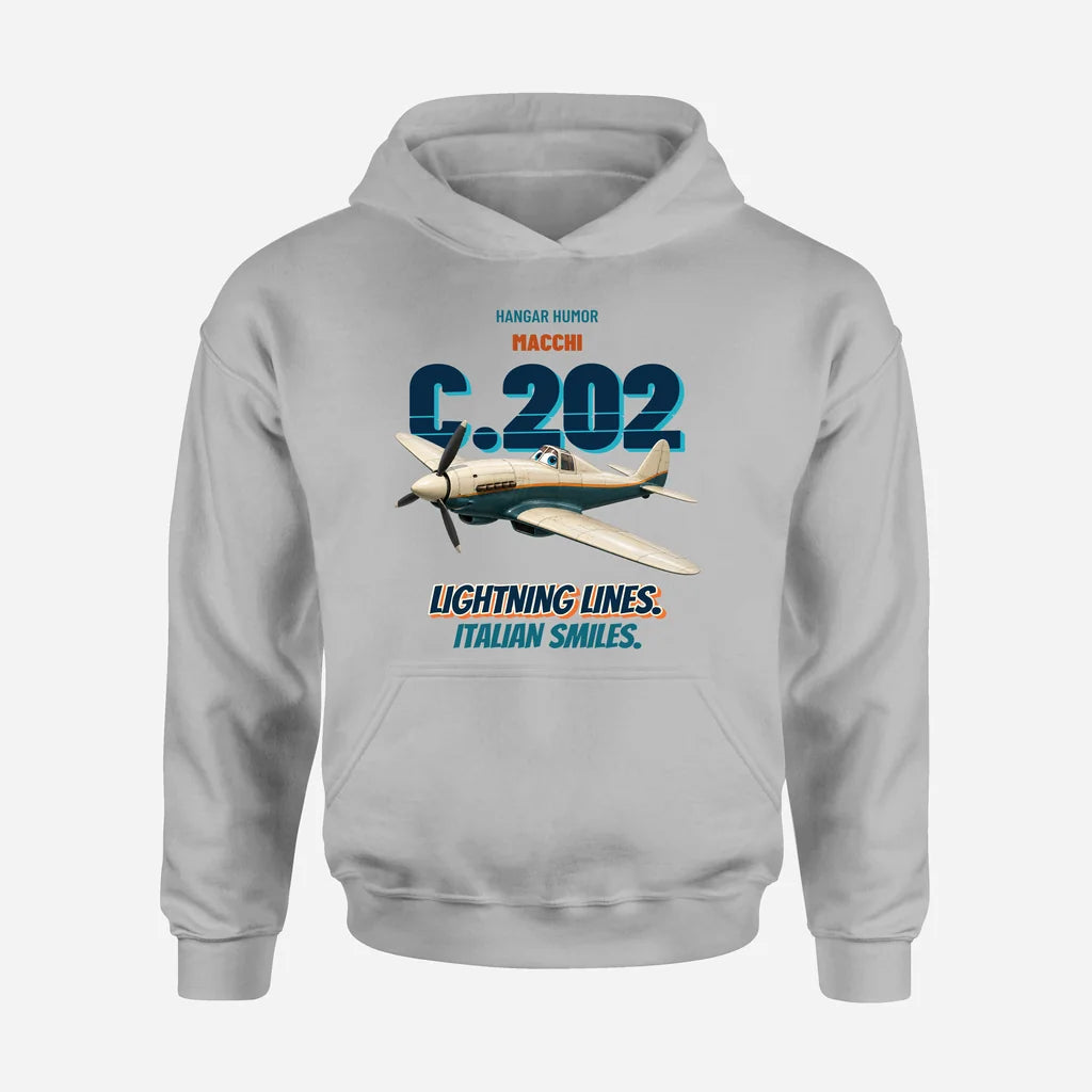 Macchi C.202 Folgore - Lightning lines. Italian smiles. design on light gray hoodie single side