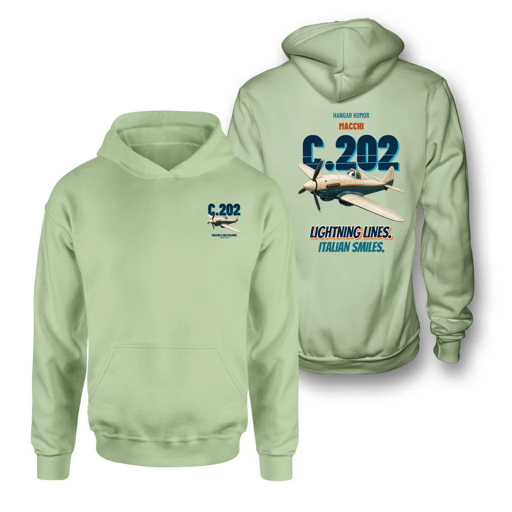 Macchi C.202 Folgore - Lightning lines. Italian smiles. - Double-Side Hoodie design on light green double side hoodie