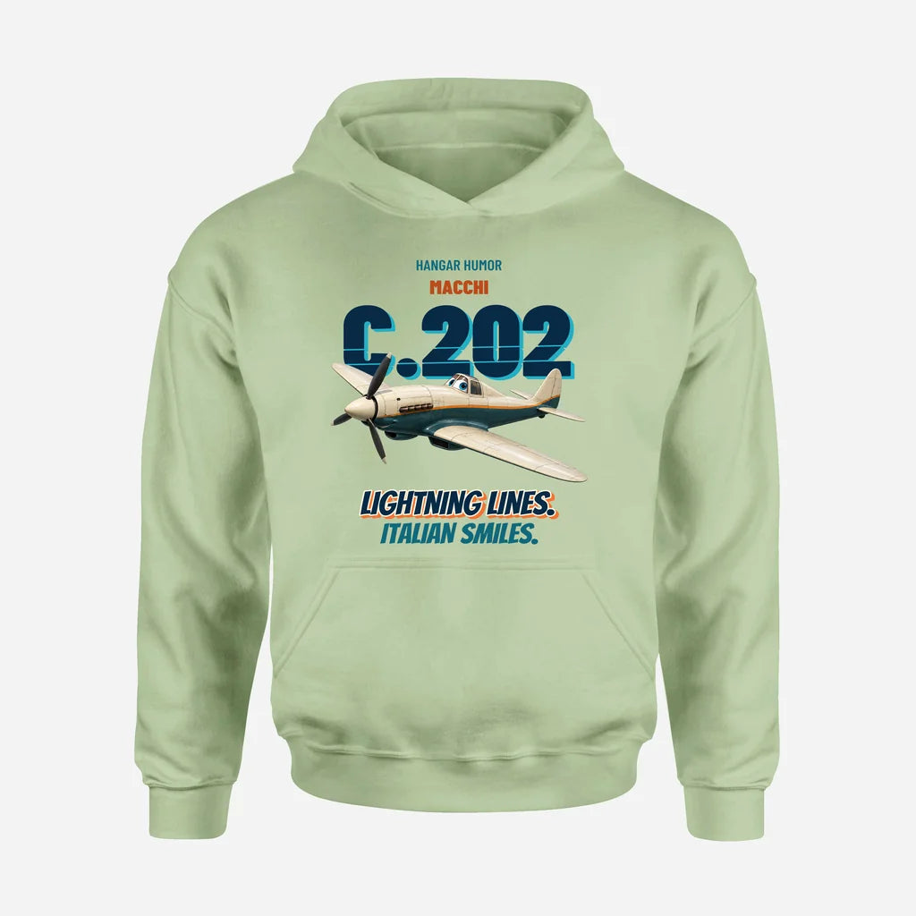 Macchi C.202 Folgore - Lightning lines. Italian smiles. design on light green hoodie single side