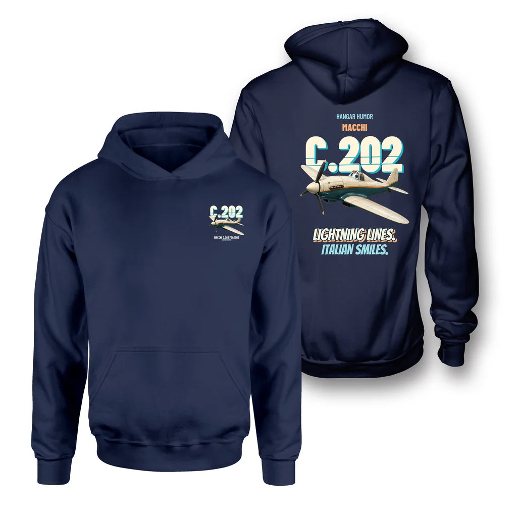 Macchi C.202 Folgore - Lightning lines. Italian smiles. - Double-Side Hoodie design on navy blue double side hoodie