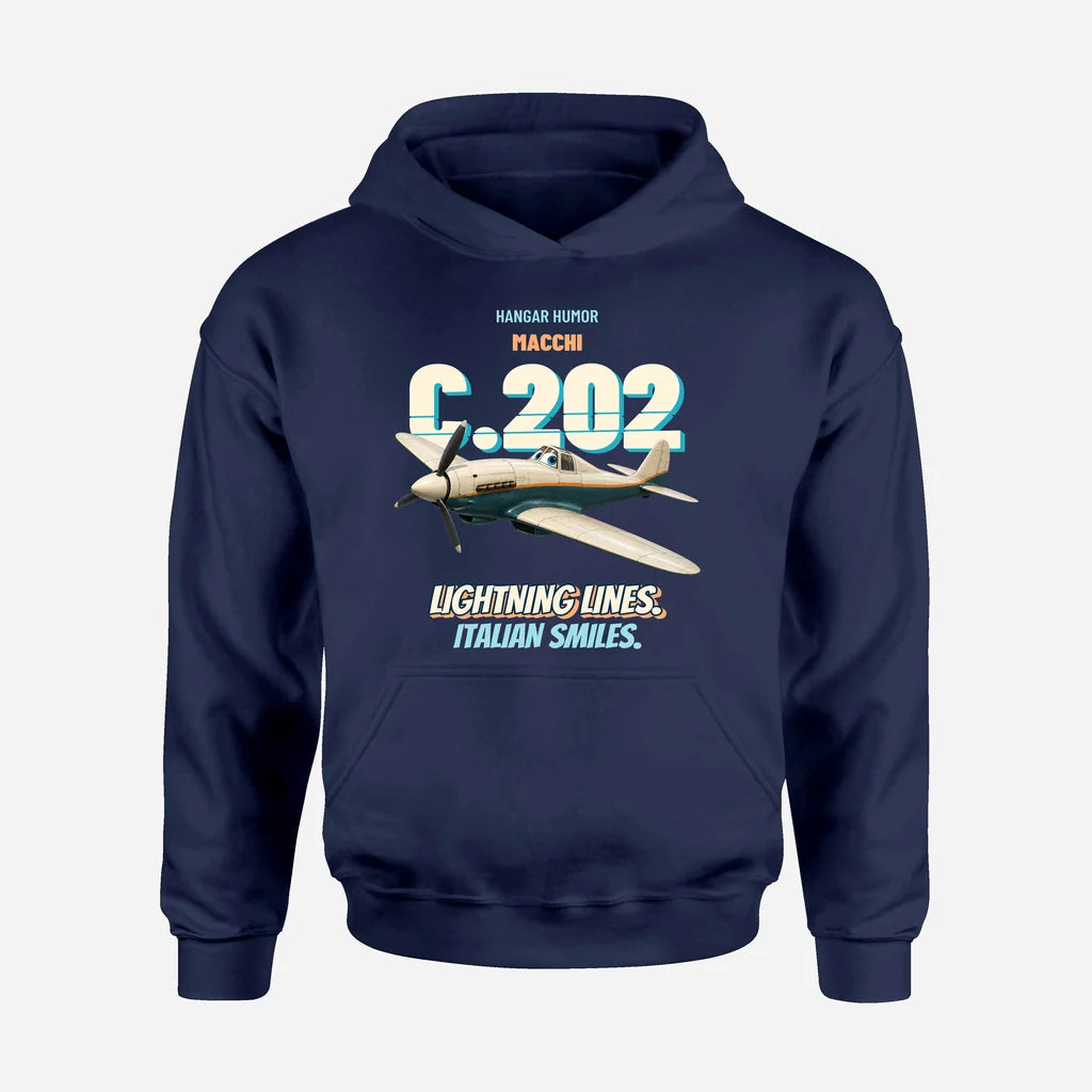 Macchi C.202 Folgore - Lightning lines. Italian smiles. design on navy blue hoodie single side