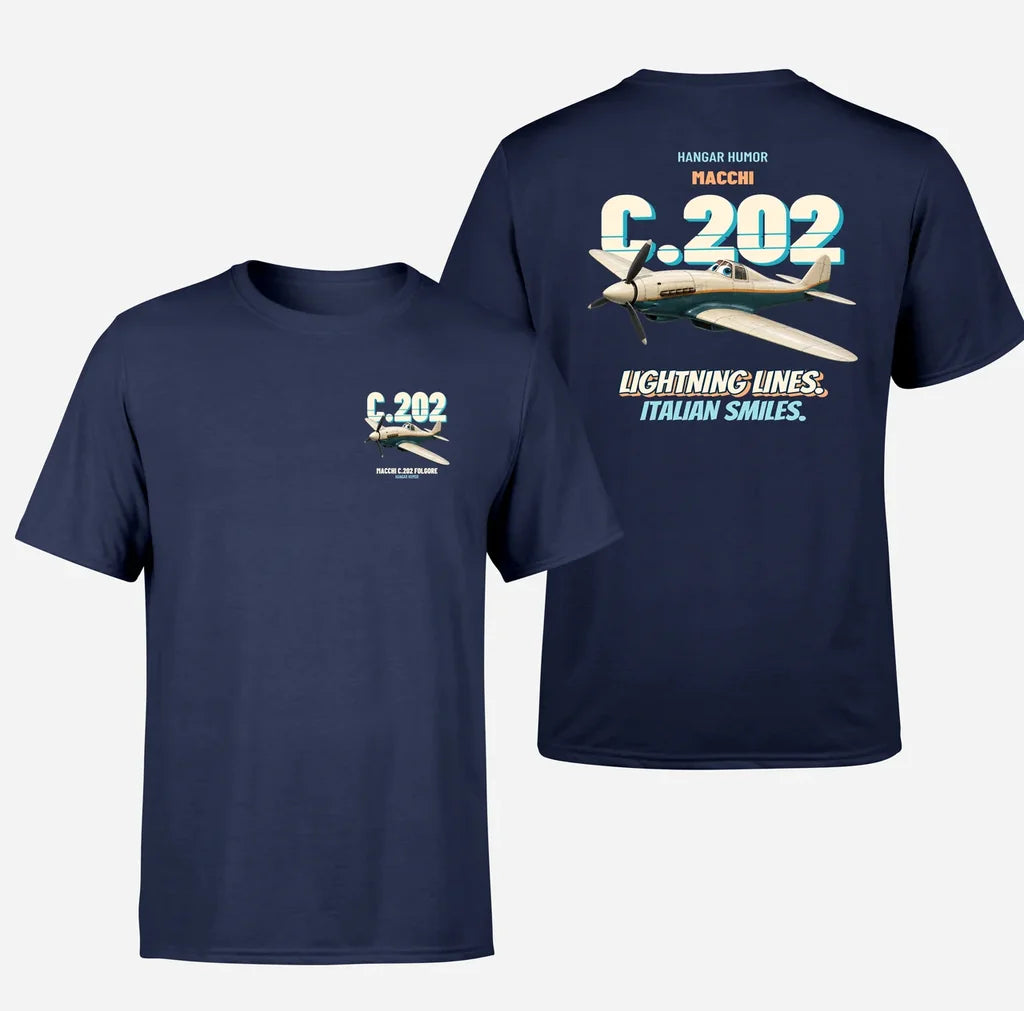 Macchi C.202 Folgore - Lightning lines. Italian smiles. - Double-Side T-Shirt design on navyblue double side t shirt
