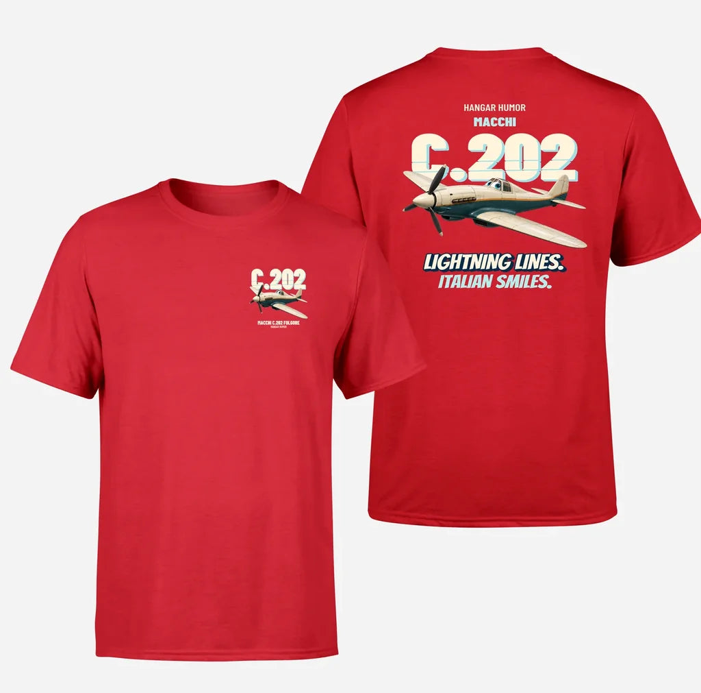 Macchi C.202 Folgore - Lightning lines. Italian smiles. - Double-Side T-Shirt design on red double side t shirt