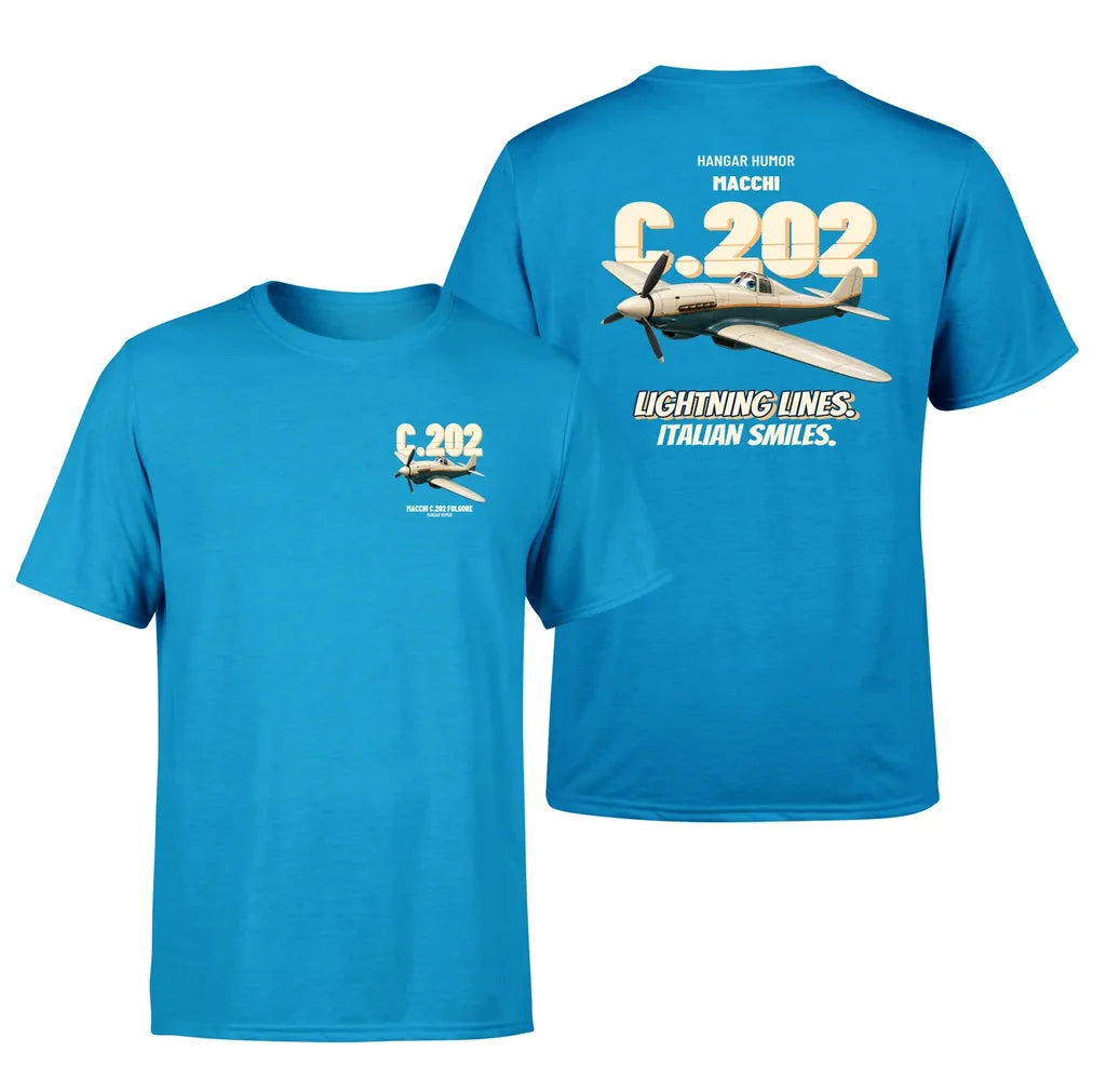 Macchi C.202 Folgore - Lightning lines. Italian smiles. - Double-Side T-Shirt design on turquoise double side t shirt