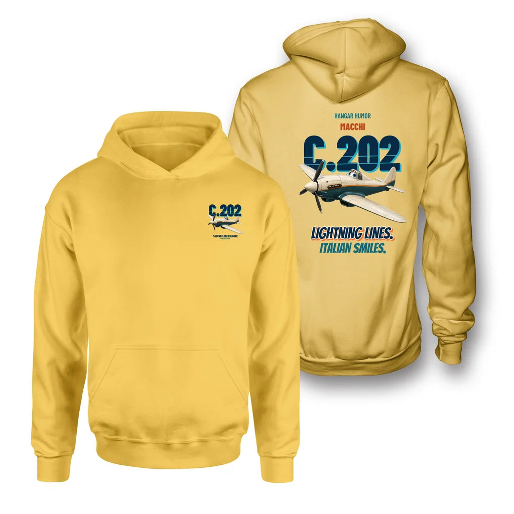 Macchi C.202 Folgore - Lightning lines. Italian smiles. - Double-Side Hoodie design on yellow double side hoodie