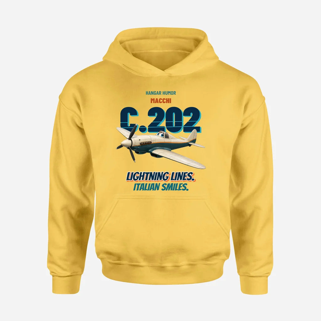 Macchi C.202 Folgore - Lightning lines. Italian smiles. design on yellow hoodie single side