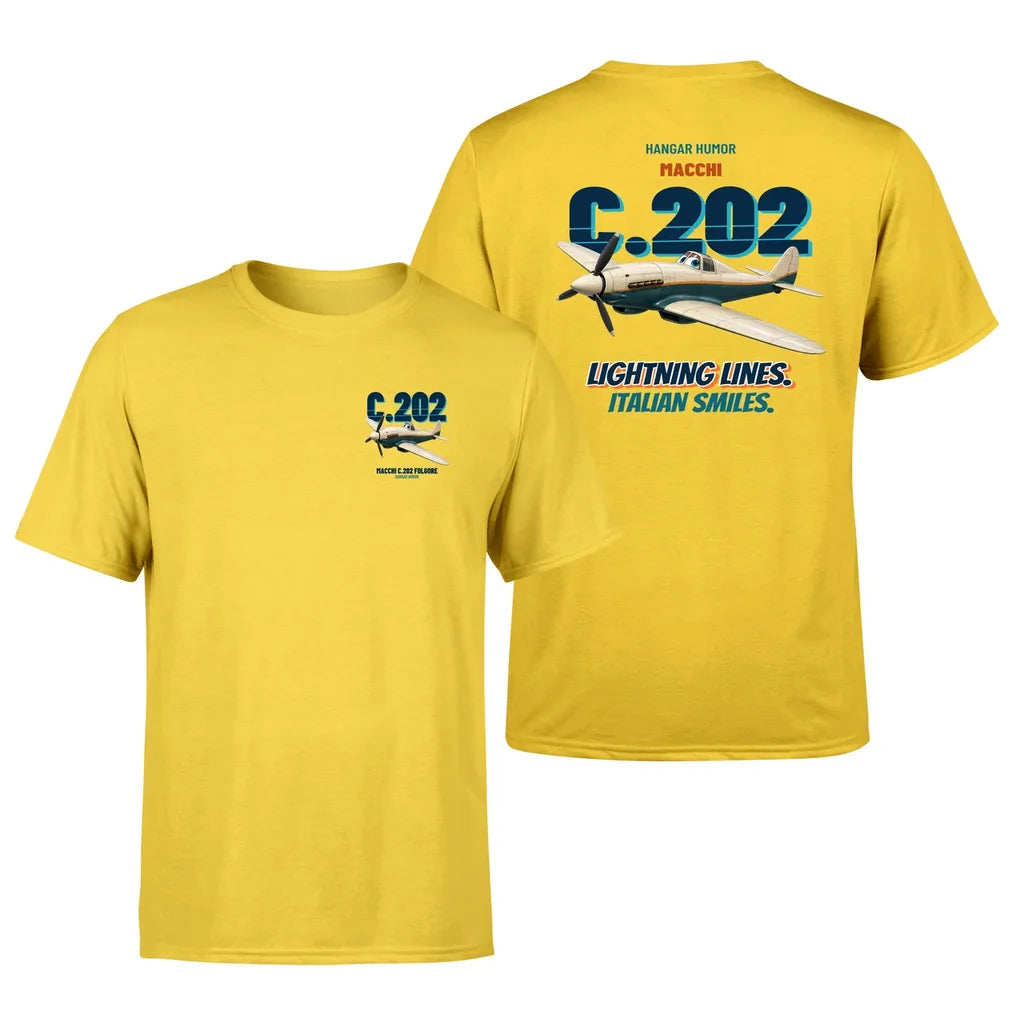 Macchi C.202 Folgore - Lightning lines. Italian smiles. - Double-Side T-Shirt design on yellow double side t shirt