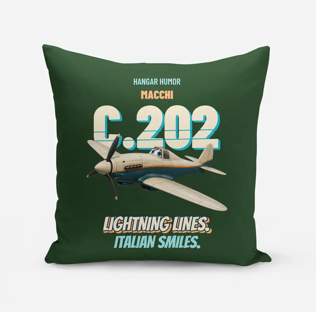Macchi C.202 Folgore - Lightning lines. Italian smiles. design on dark green pillow