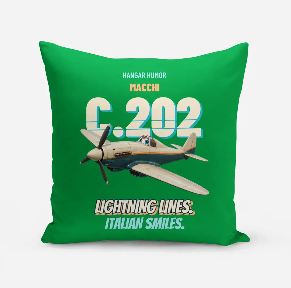 Macchi C.202 Folgore - Lightning lines. Italian smiles. design on green pillow