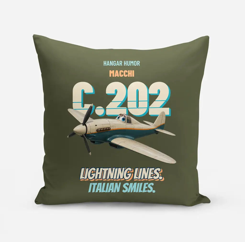 Macchi C.202 Folgore - Lightning lines. Italian smiles. design on green army pillow