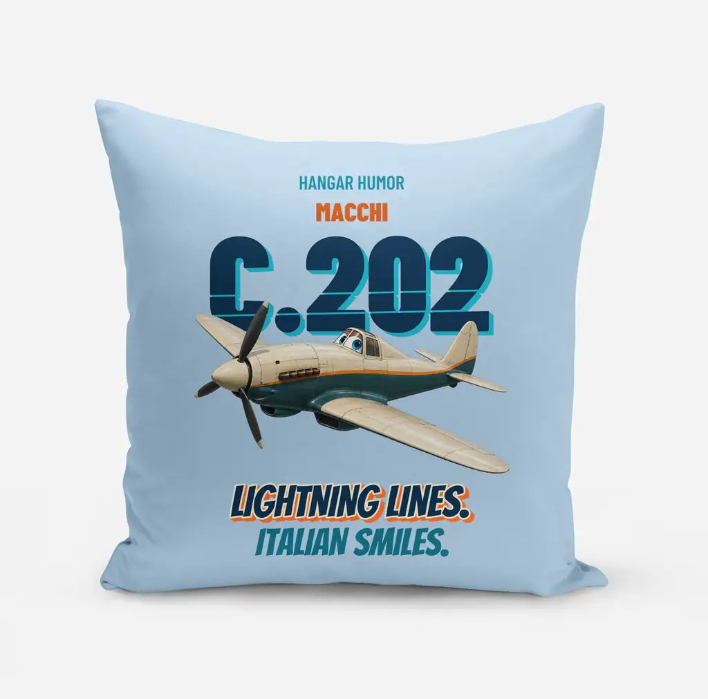 Macchi C.202 Folgore - Lightning lines. Italian smiles. design on light blue pillow