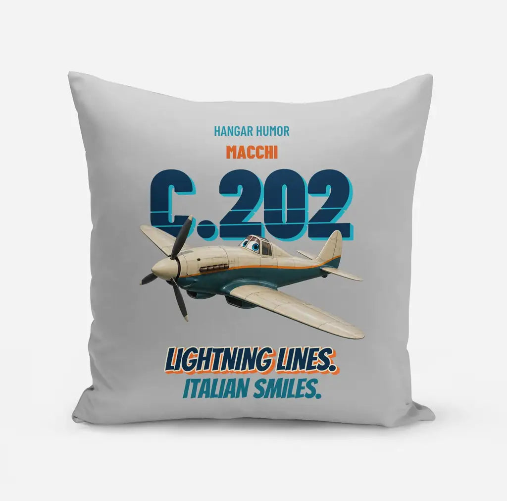 Macchi C.202 Folgore - Lightning lines. Italian smiles. design on light gray pillow