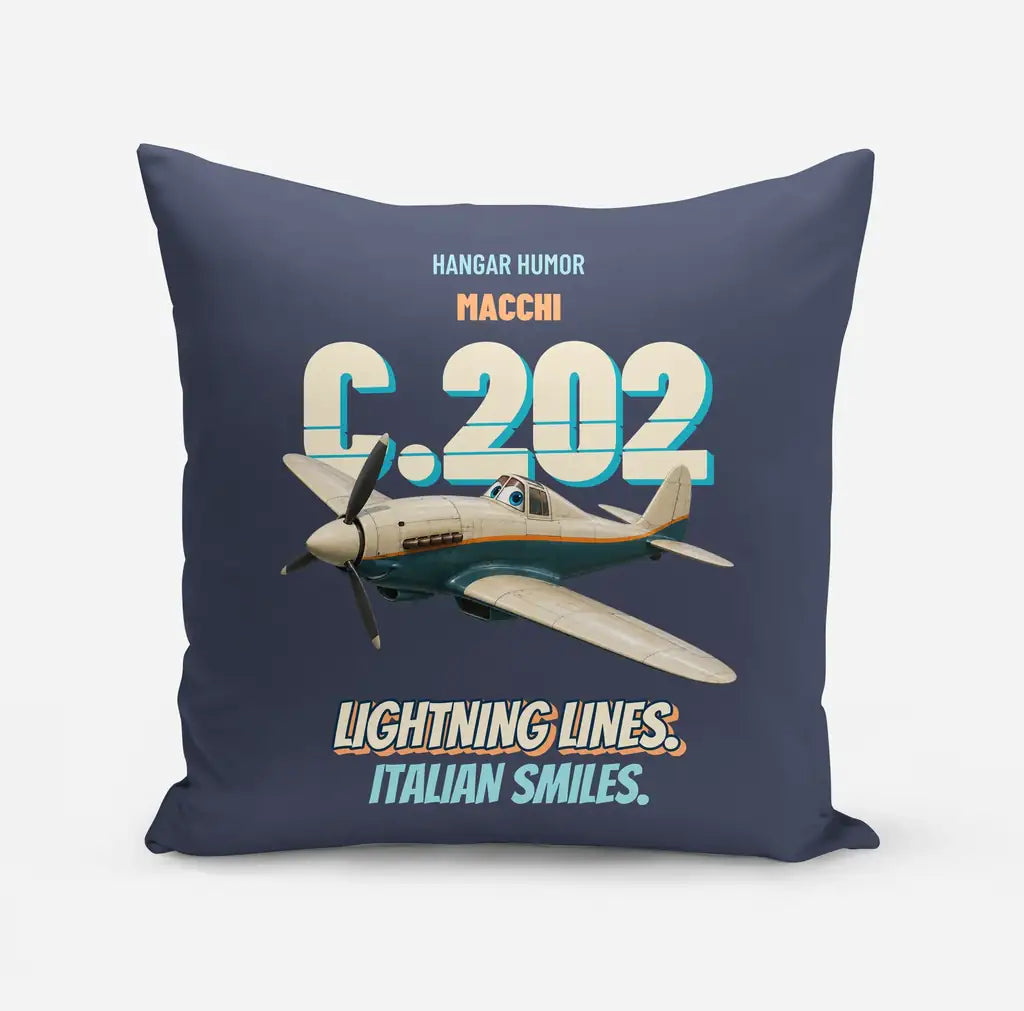 Macchi C.202 Folgore - Lightning lines. Italian smiles. design on navy blue pillow