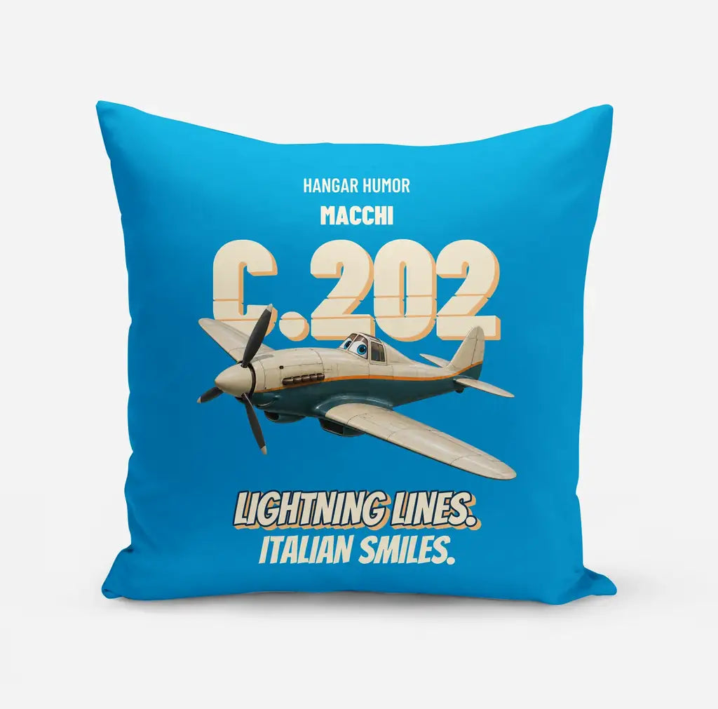 Macchi C.202 Folgore - Lightning lines. Italian smiles. design on turquoise pillow