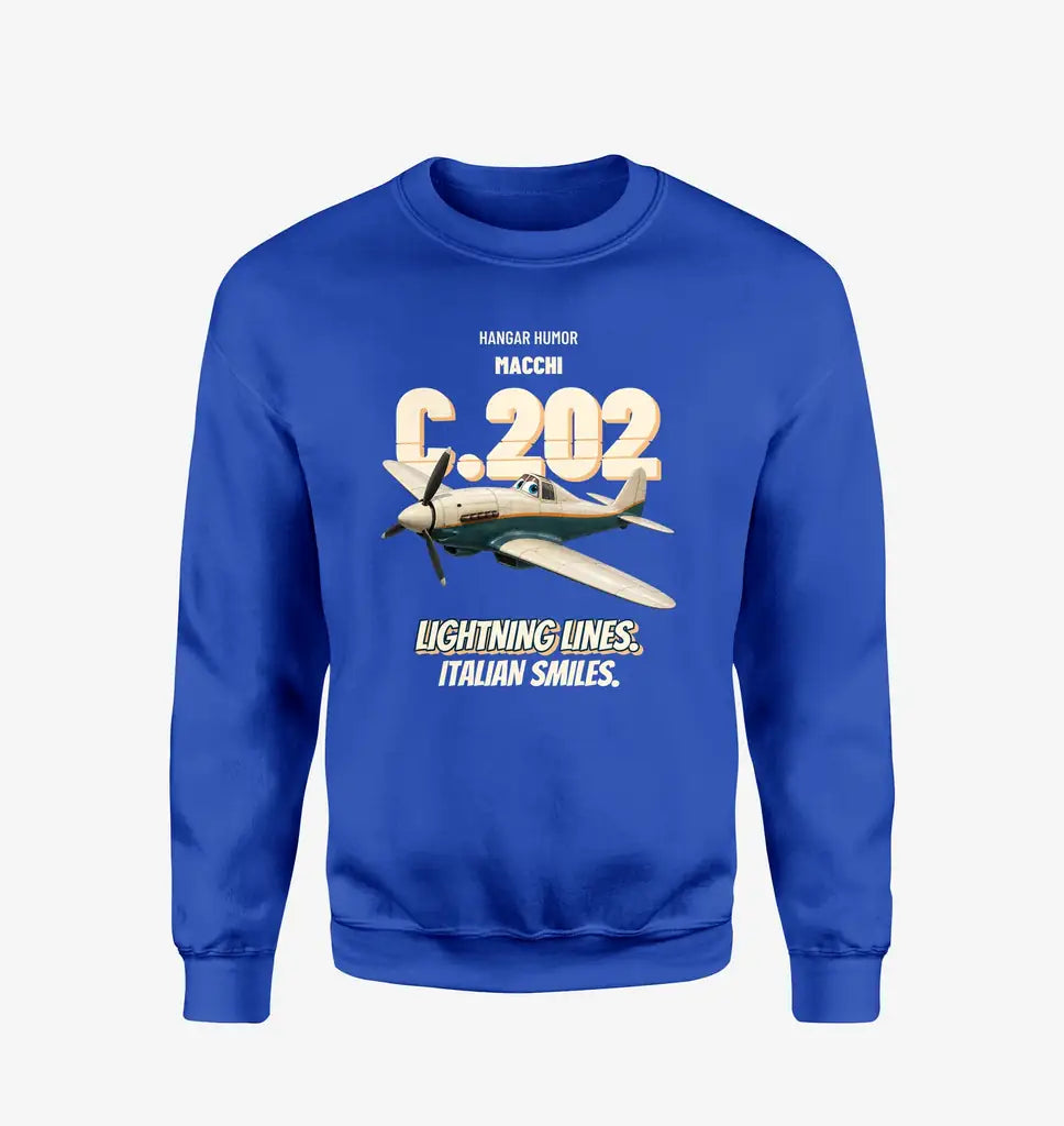 Macchi C.202 Folgore - Lightning lines. Italian smiles. design on blue sweatshirt