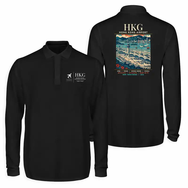 Hong Kong International Airport (HKG) Premium Polo T-Shirts - Poster - Long Sleeve - Black