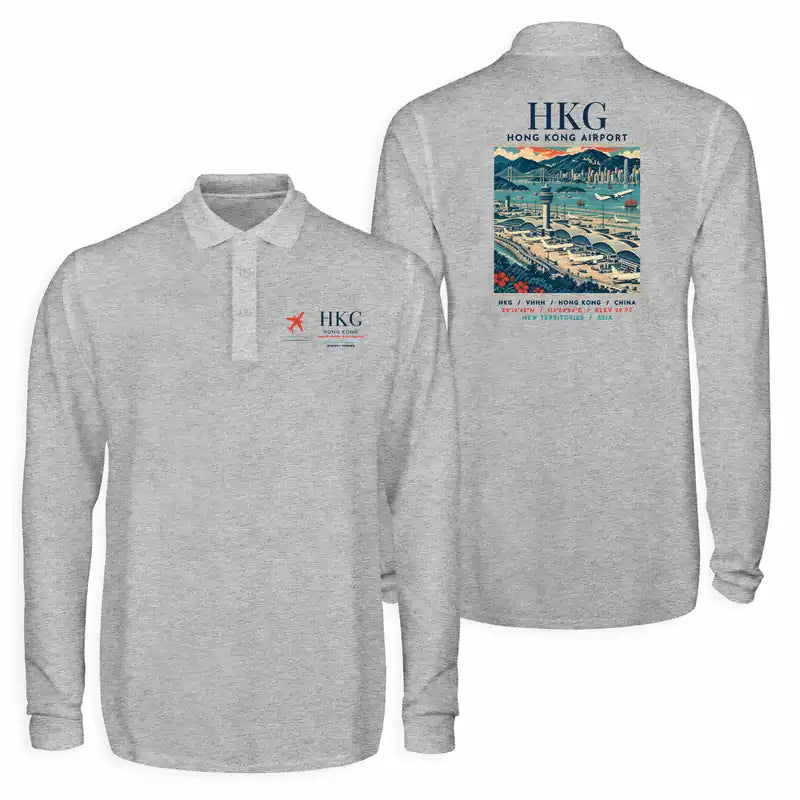 Hong Kong International Airport (HKG) Premium Polo T-Shirts - Poster - Long Sleeve - Gray