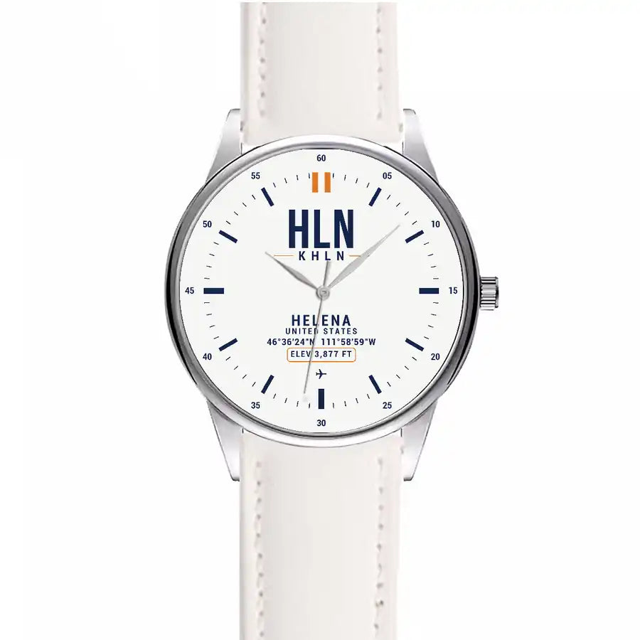 Helena Regional Airport (HLN) Aviator Watches - Classic - White - Leather Strap - White Leather Strap