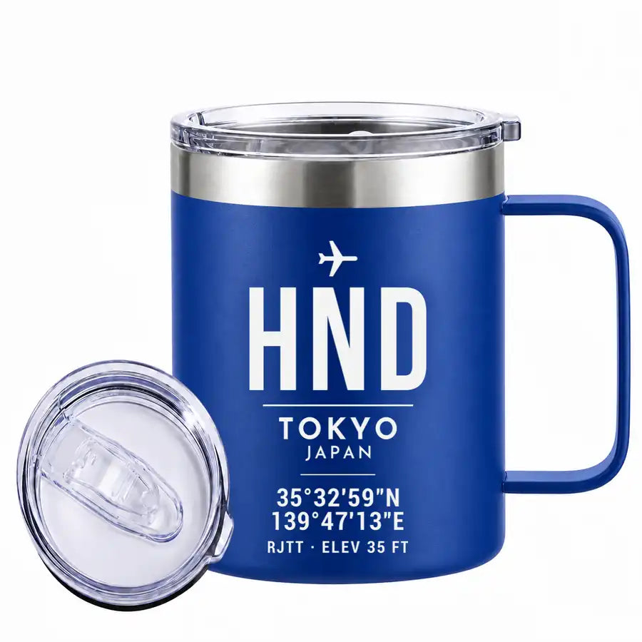 Tokyo Haneda Airport (HND) Stainless Steel Mugs - ID Tag - Stainless Steel Mug - 14 oz / 400ML - Blue