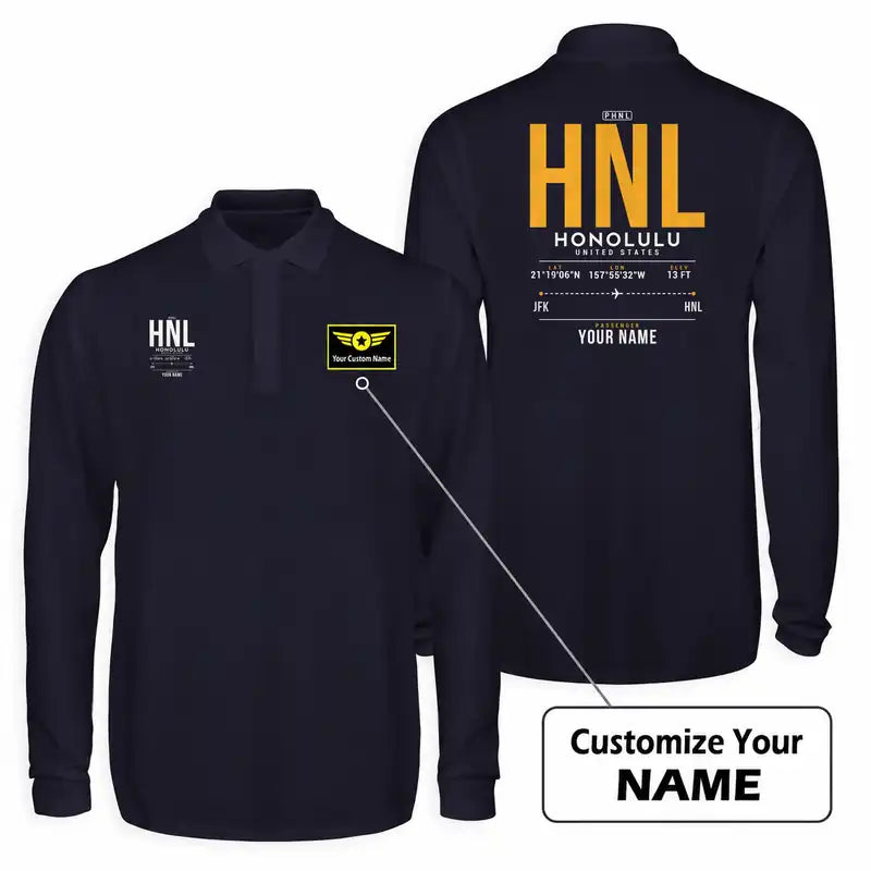 Honolulu Daniel K. Inouye International Airport (HNL) Premium Polo T-Shirts - Tag Custom - Long Sleeve - Dark Blue