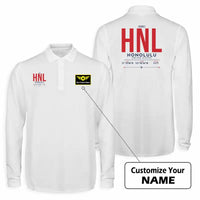 Thumbnail for Honolulu Daniel K. Inouye International Airport (HNL) Premium Polo T-Shirts - Tag + Name - Long Sleeve - White