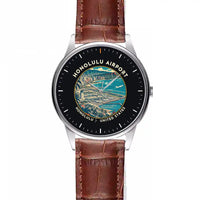 Thumbnail for Honolulu Daniel K. Inouye International Airport (HNL) Aviator Watches - Badge - Leather Strap - Striped Brown Leather Strap