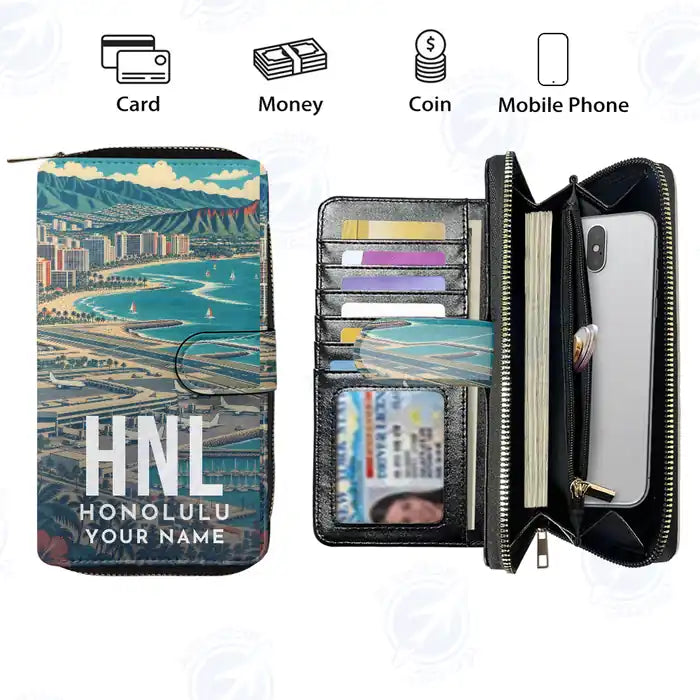 Honolulu Daniel K. Inouye International Airport (HNL) Leather Wallets - Zip Long Wallet - Scene + Name
