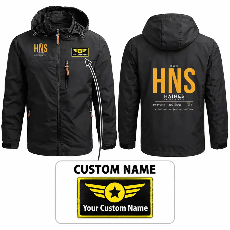 Haines Airport (HNS) Stylish Jackets - Hooded Windbreaker - Tag + Name - Black