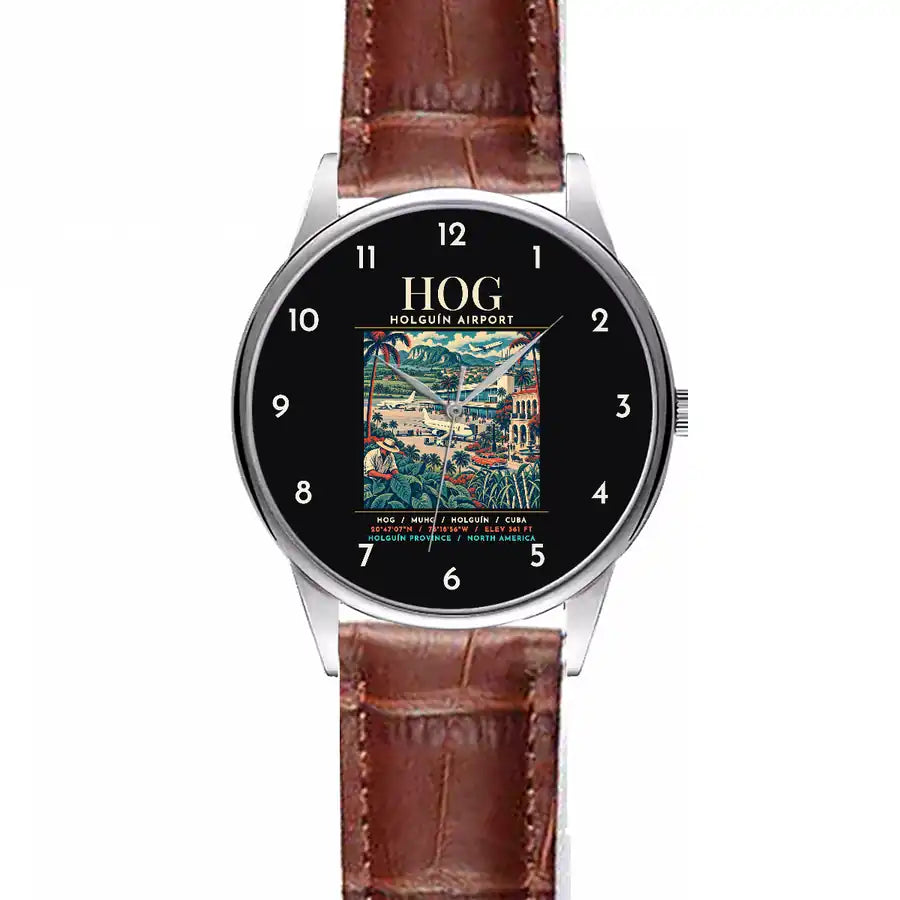 Frank País Airport (HOG) Aviator Watches - Poster - Leather Strap - Striped Brown Leather Strap