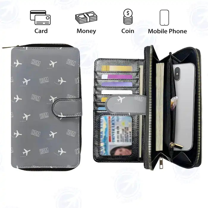 Homer Airport (HOM) Leather Wallets - Zip Long Wallet - Pattern - Gray