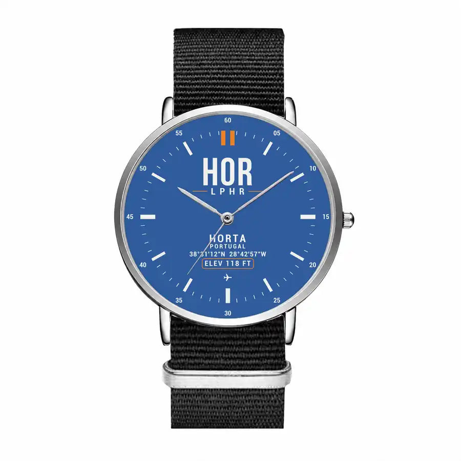 Horta Airport (HOR) Aviator Watches - Classic - Blue - Slim Leather - Silver & Black Nylon Strap