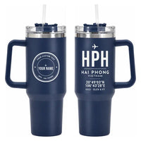 Thumbnail for Cat Bi International Airport (HPH) Stainless Steel Mugs - ID Tag + Custom Back - 40oz Car Mug - Navy Blue